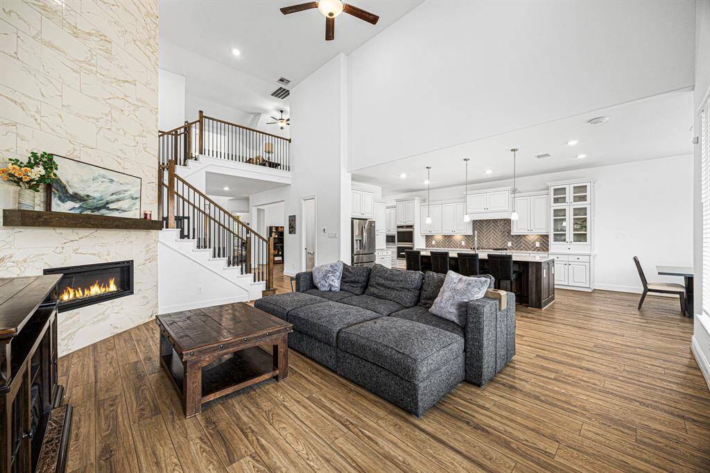 Gorgeous modern fireplace that ties in to the home finishes.