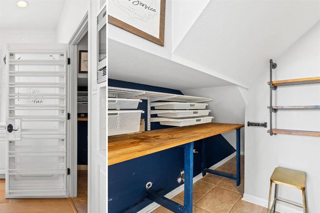 The secret to a clutter-free kitchen. A walk-in pantry that doubles as a laundry room with custom Elfa shelving, a built-in spice rack, and space for a full-size washer and dryer makes everyday tasks a breeze.