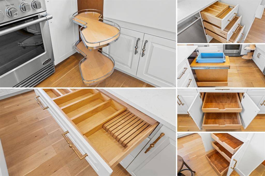 Storage game: strong. From deep pan drawers to lazy Susans, pull-out bins, and hidden organizers, this kitchen works as hard as you do.