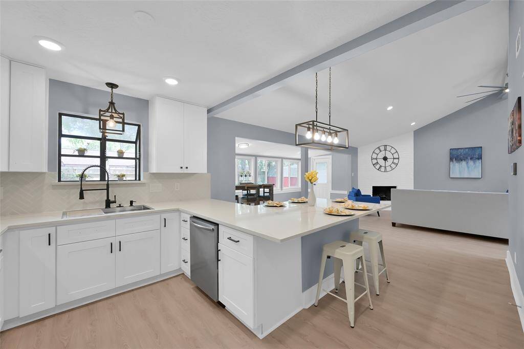 Open plan kitchen with large island. Can seat up to 8