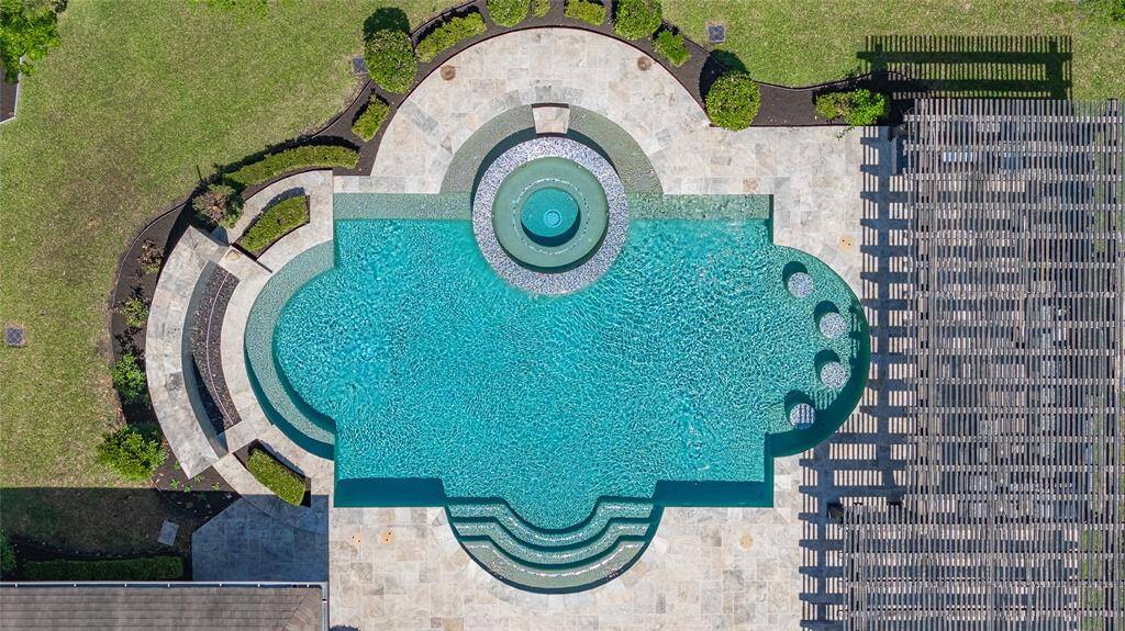 Aerial view of the custom-designed pool and hot tub.