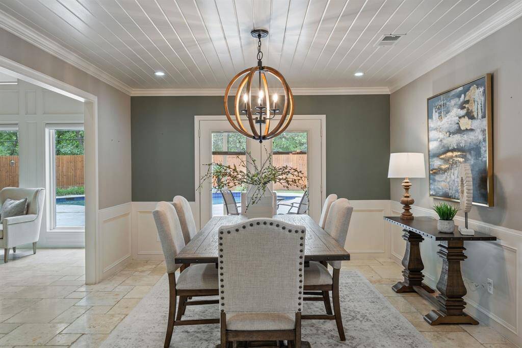 Breakfast area with updated lighting.