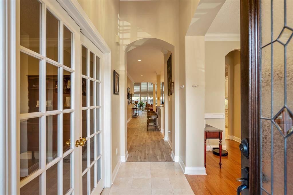 The entry has high ceilings that flow throughout the home. To your left is tihe study, and to your right is the formal dining room. Straight ahead, the kitchen/breakfast and living area.