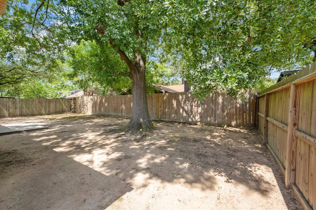 Backyard has new fence and lovely large shade trees