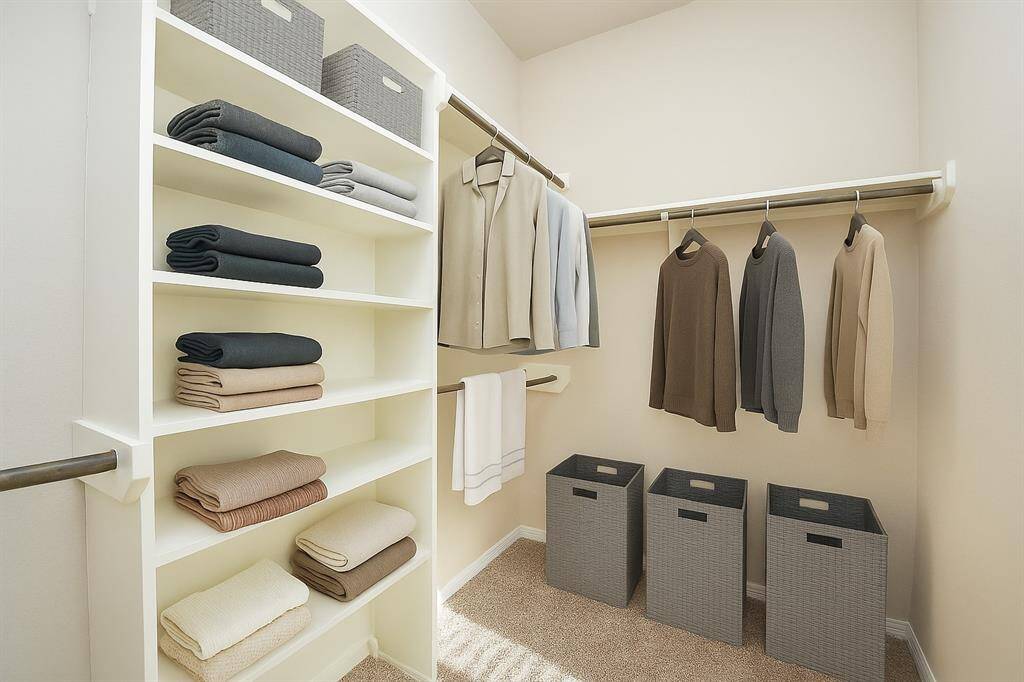 Spacious walk-in closet with ample shelving and hanging space for effortless organization. Virtual staging was used.