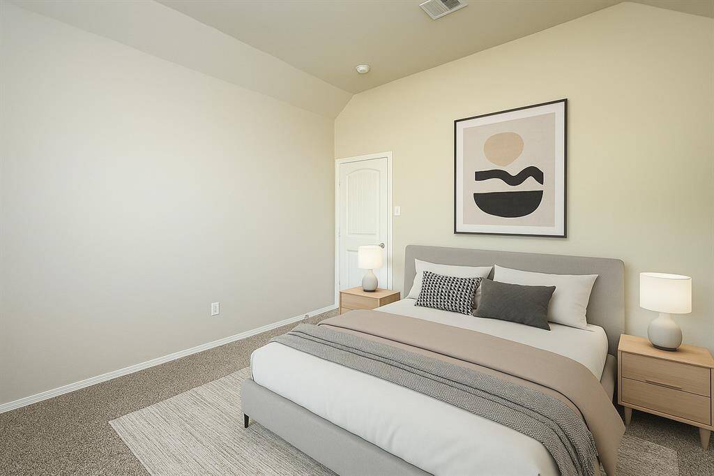 Discover comfort in this serene bedroom, featuring soft lighting, elegant décor, and ample space for relaxation. Virtual staging was used.