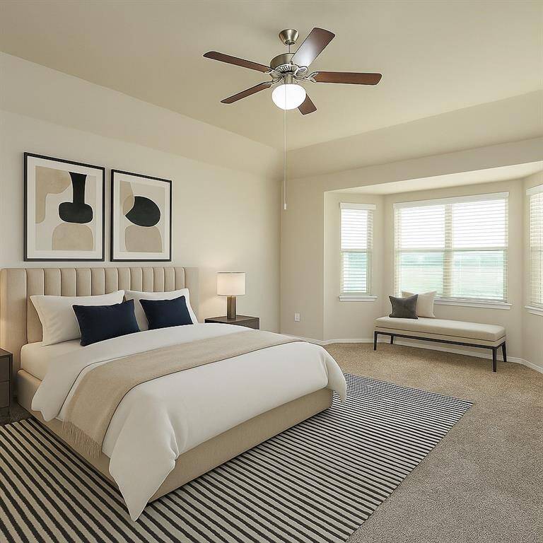 Spacious master bedroom with elegant decor, featuring a cozy window seat and abundant natural light. Virtual staging was used.