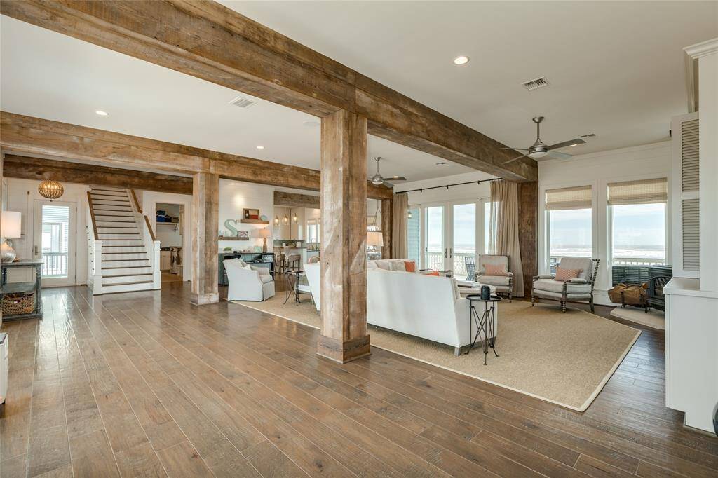 Impressive wood beams are from locally sourced reclaimed wood