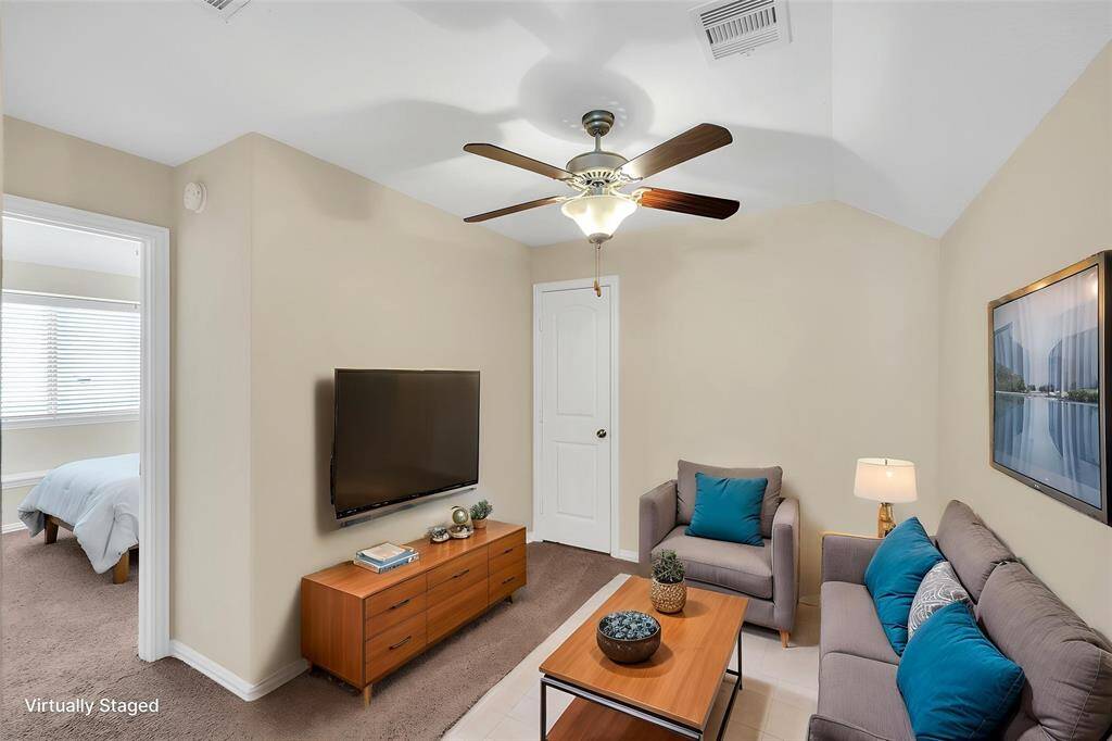 Upstairs has another private living space with living area, bedroom, and full bathroom.