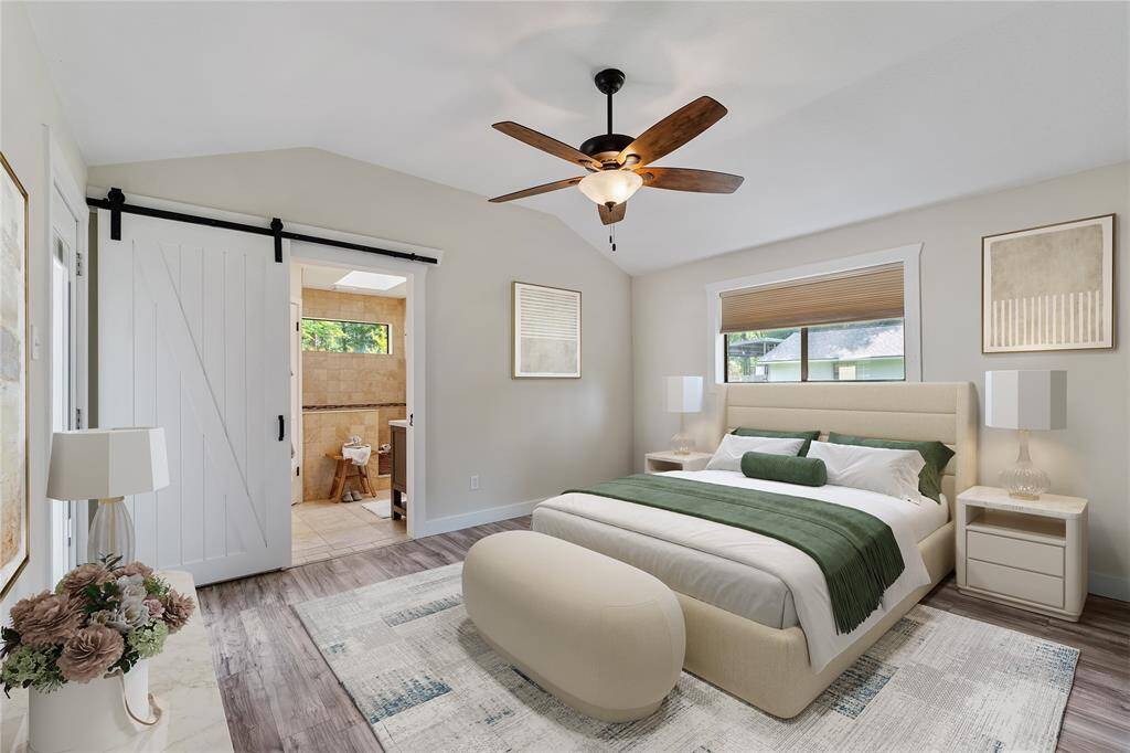 Virtually staged primary bedroom for visualization purposes.