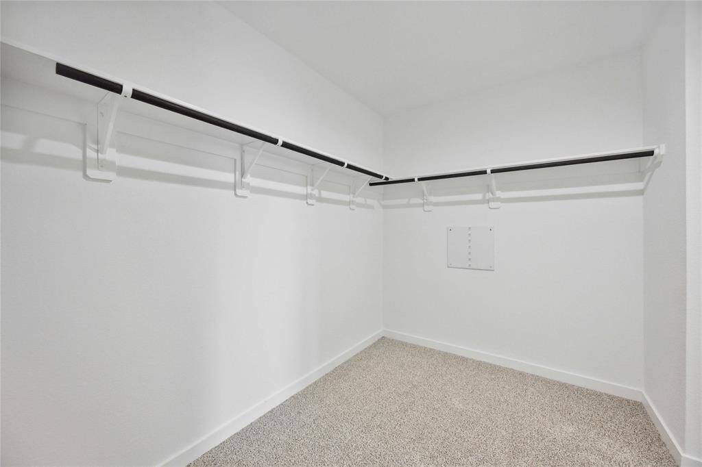 Spacious walk-in closet with clean white walls, plush carpet flooring, and multiple hanging rods offering plenty of room for clothing and storage.