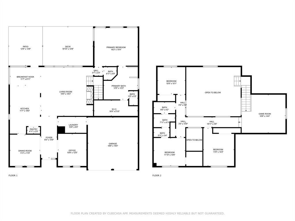 This is a two-story floor plan featuring a spacious living room, kitchen, and dining area on the first floor, along with a primary bedroom and bath. There's a large deck and patio for outdoor living. The second floor includes three additional bedrooms, a game room, and overlooks the living area below. There's also a two-car garage and ample storage space.