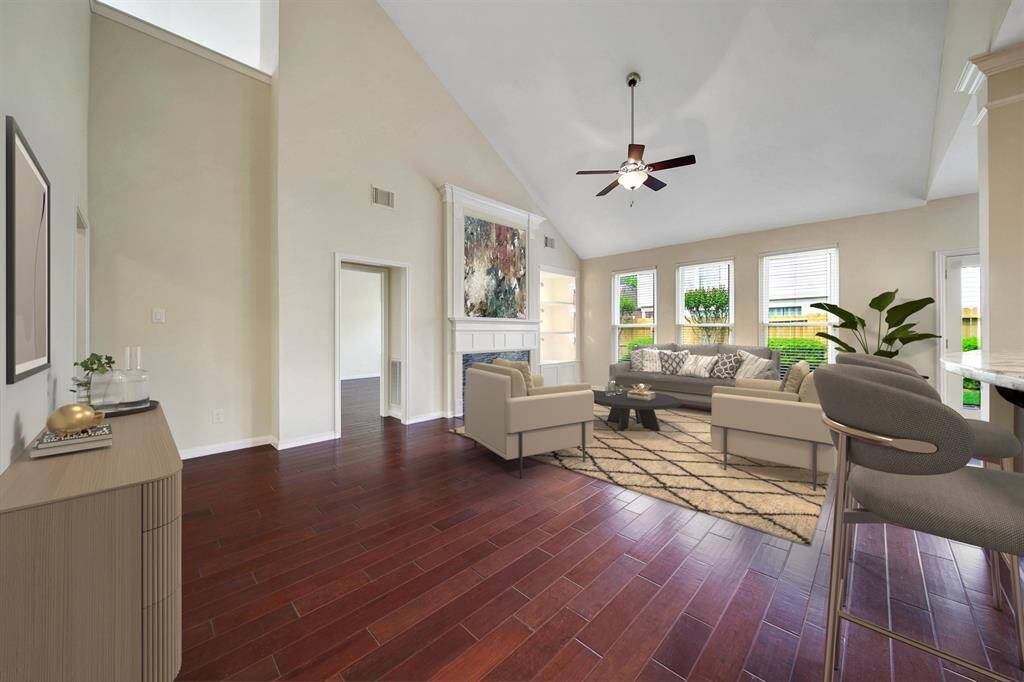 View of living room, virtually staged.
