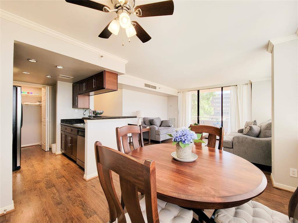 Overview of the space! Kitchen open to the Living room and easy access to the Dining area.