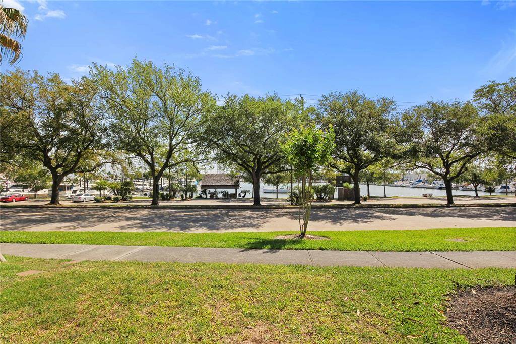 This photo showcases a serene view of a waterfront area with lush green trees lining the street. You can see boats docked in the background, offering a peaceful and picturesque setting perfect for relaxation or outdoor activities.
