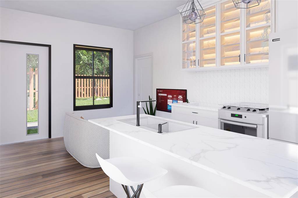 Rendering of living and kitchen in the ADU