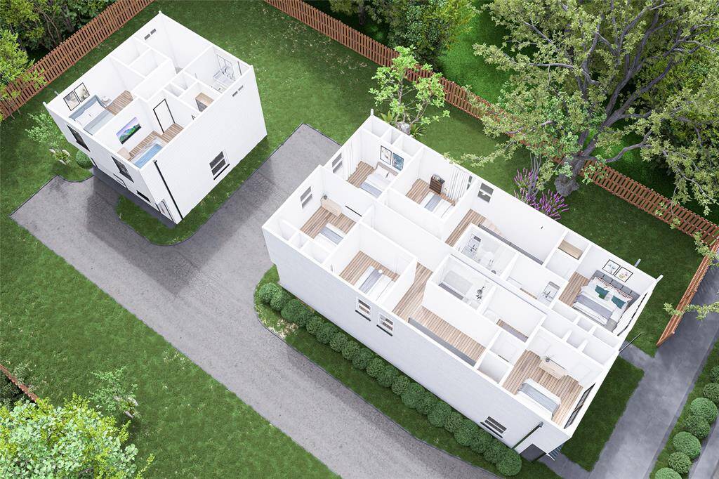 Rendering of triplex site plan layout with 1st floor view of each building