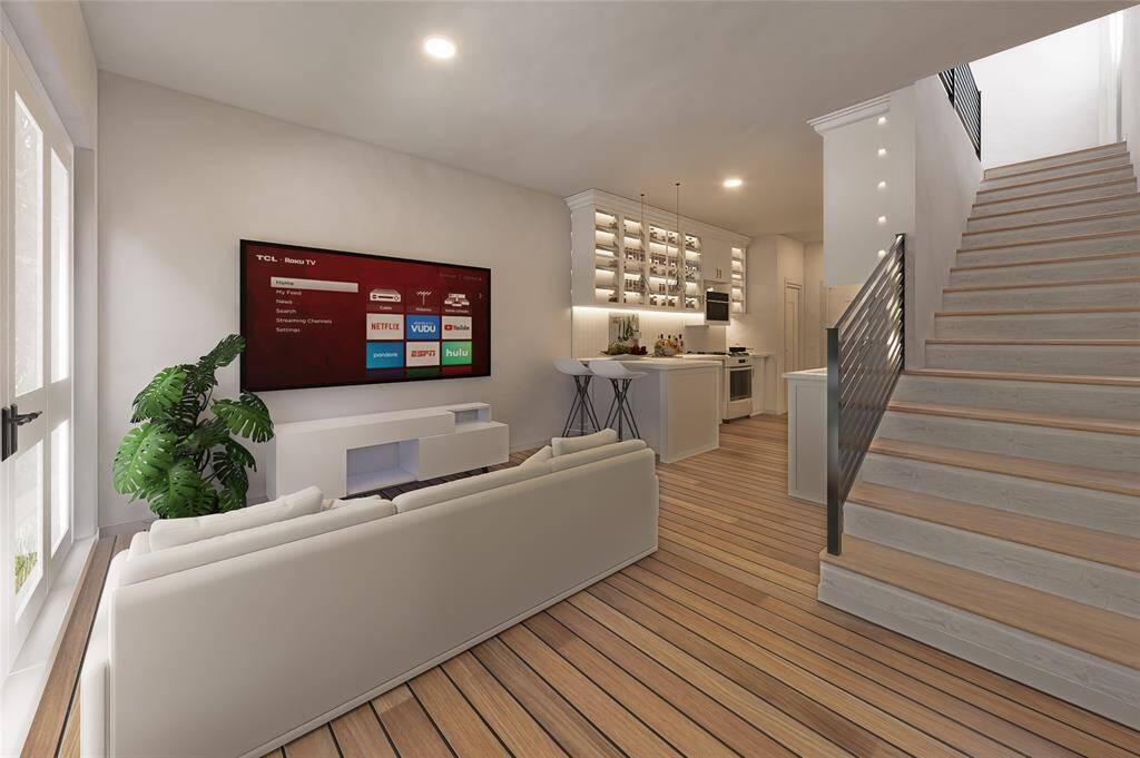 Rendering of the living room in one of the units in the duplex.