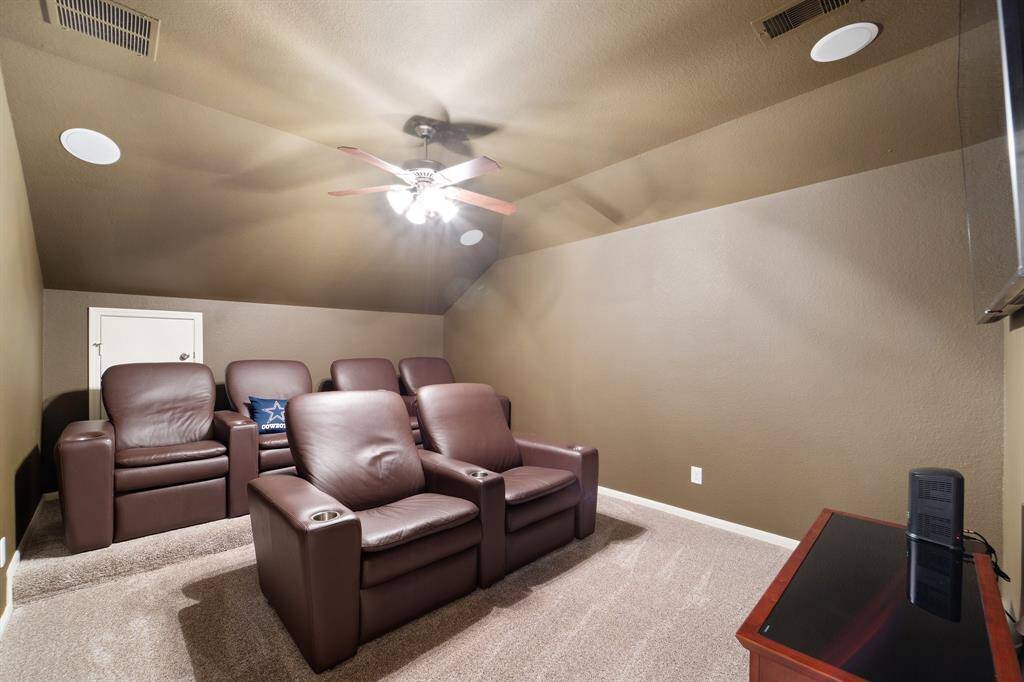 Dedicated media room with dark wall tones, theater seating, and pre-wired surround sound for the ultimate movie night experience.