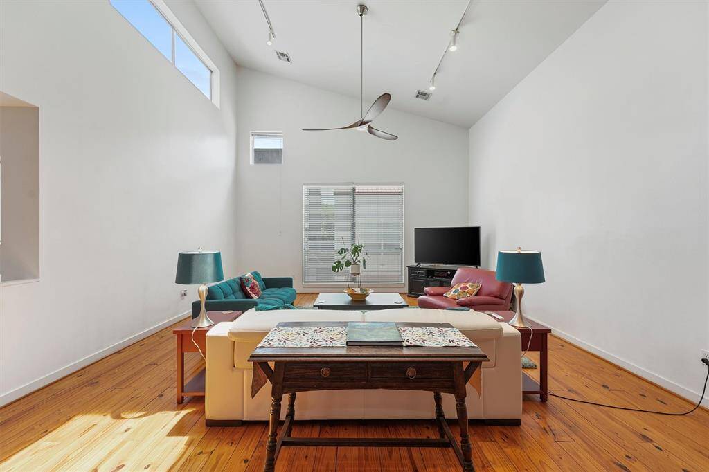 High windows offer lots of natural light as well as privacy,