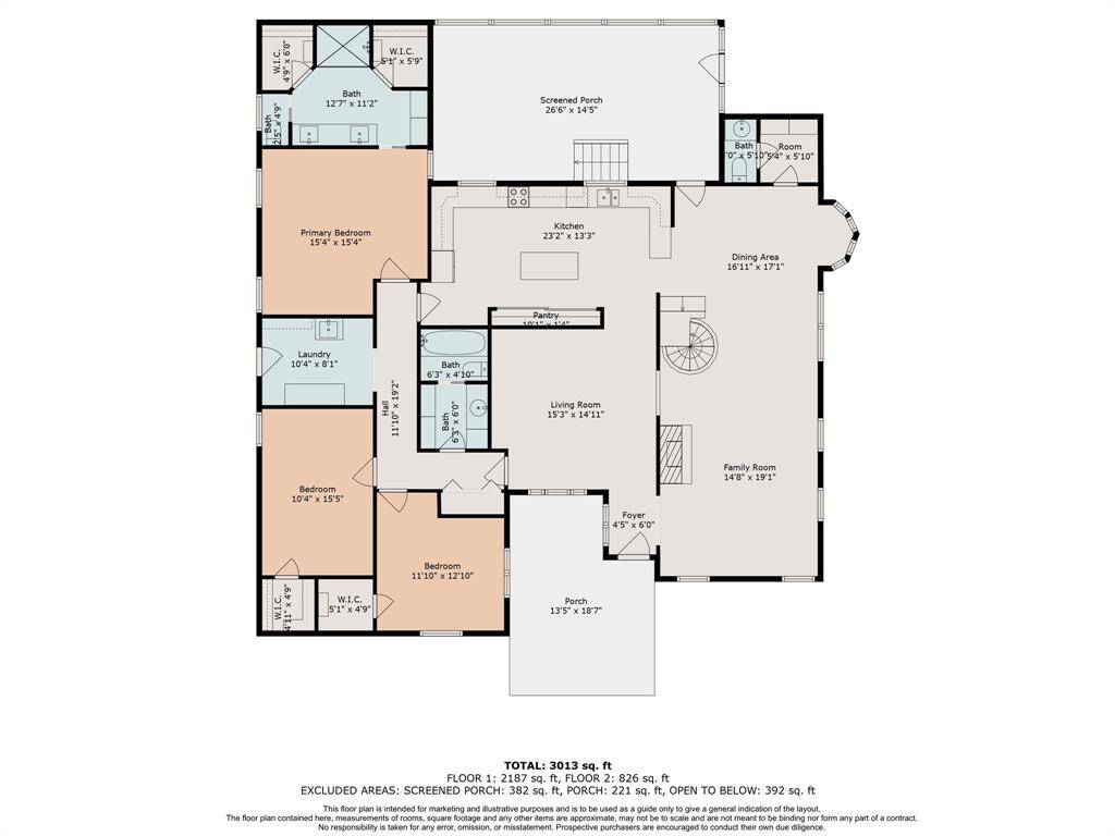 This floor plan features a spacious layout with a primary bedroom and two additional bedrooms, two bathrooms, a large family room, dining area, and kitchen. There's a screened porch, laundry room, and a foyer leading to a living room. The total area is 3,013 sq. ft., including a porch and screened porch for added outdoor space.