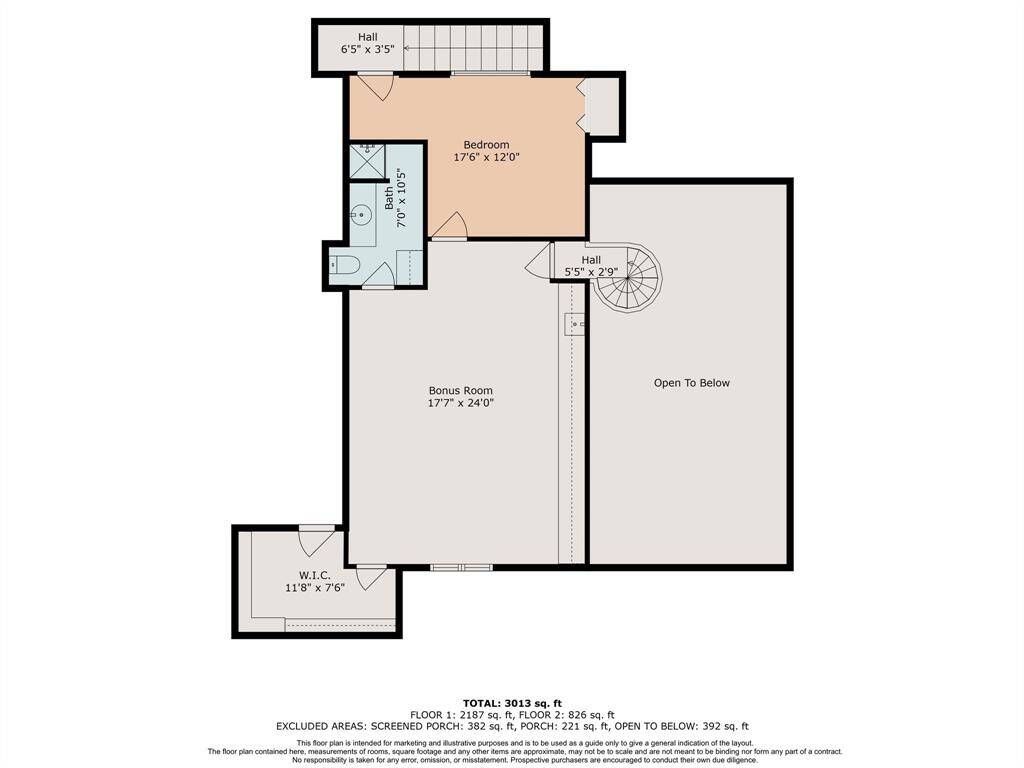 This floor plan features a spacious upper level with a large living area (17'7" x 24'0"), a bedroom (17'6" x 12'0") with a closet, and an additional well-sized cedar walk-in closet (11'8" x 7'6") off of the living area. There's also a bathroom (7'0" x 10'5"). A small hall connects the exterior space to an exterior staircase, and a spiral staircase provides access from inside the home. Total area is 826 sq. ft.