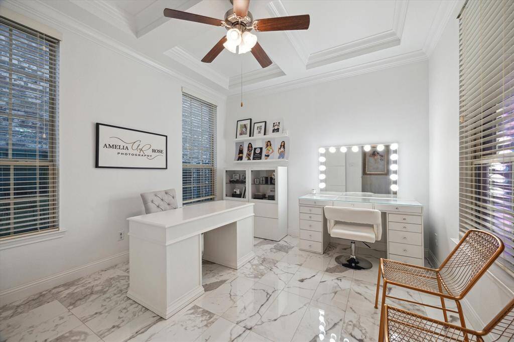 A Private Home Office with Gorgeous New Tile Floors, Detailed Coffered Ceiling and Ceiling Fan