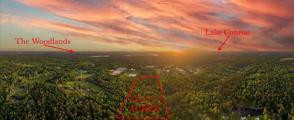 PERFECTLY LOCATED 23 (+/-) ACRE UNRESTRICTED PROPERTY! 12 Miles to The Woodlands & 15 Miles to Lake Conroe! Build multiple Homes or your Country Estate! OLD GROWTH TREES! ACCESS FROM 2 STREETS! Red boundry lines drawn for info purposes only. Buyer will need a new Survey.