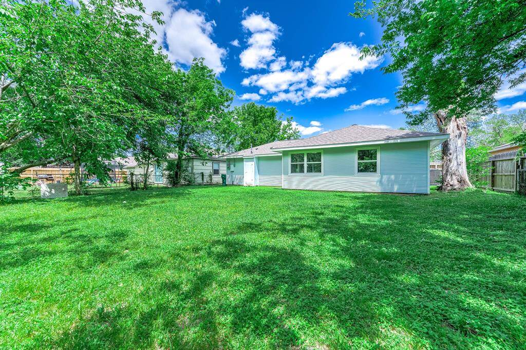 Large backyard with mature mulberry trees.