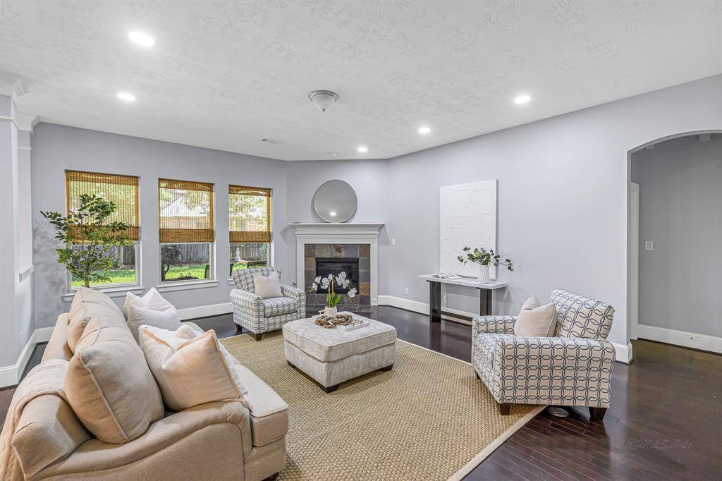 Corner fireplace makes a pretty focal point.