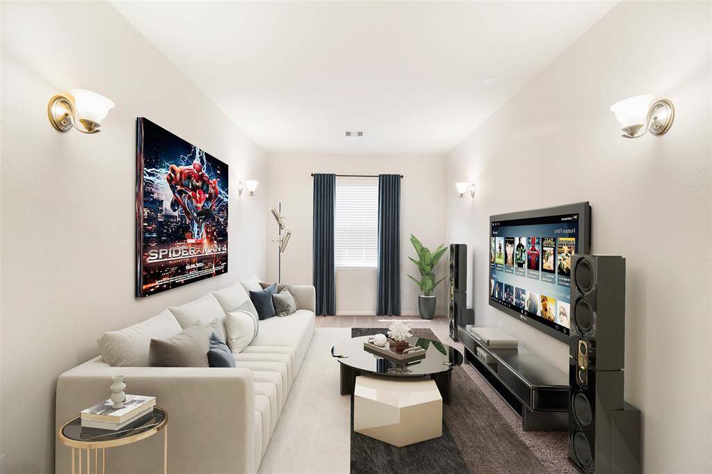 For reference, the media room has been virtually staged to showcase its full potential and functionality.