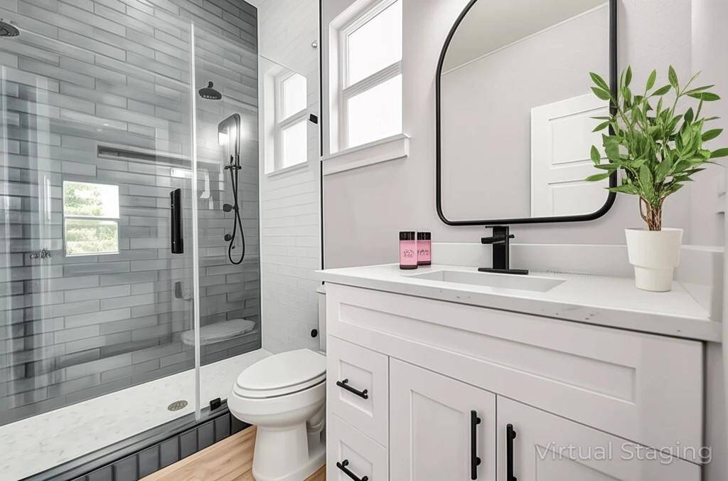 Start and end your day in luxury with this elegant bathroom featuring sleek finishes and soothing tones.