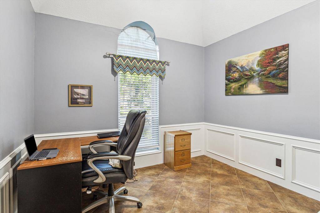 Dedicated home office with paneling and custom built-ins