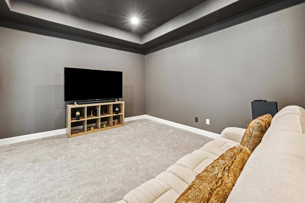 The media room features plush carpet, custom paint, high ceilings, and recessed lighting.