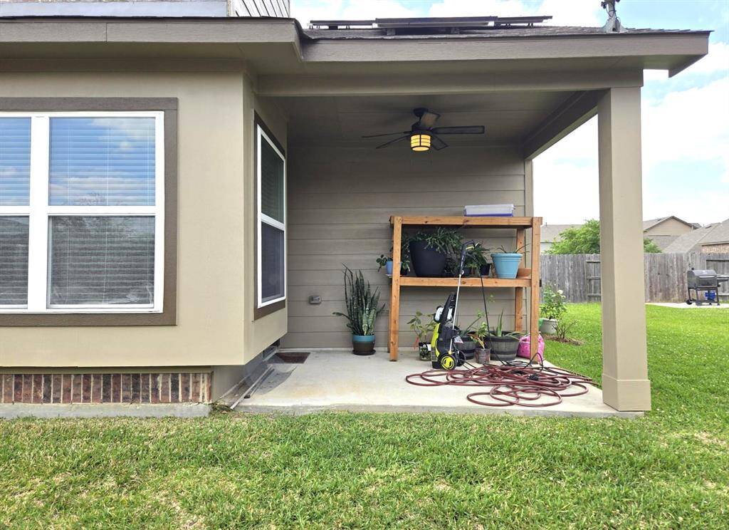 Side view of covered patio.