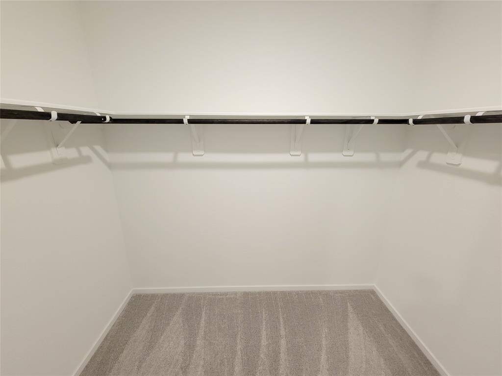 This is a spacious walk-in closet with built-in shelving and ample hanging space, featuring a clean, neutral color palette and carpeted flooring. Perfect for organizing clothing and accessories.