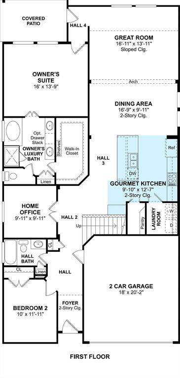 The Elmore floor plan by K. Hovnanian® Homes. 1st Floor shown. *Prices, plans, dimensions, features, specifications, materials, and availability of homes or communities are subject to change without notice or obligation.
