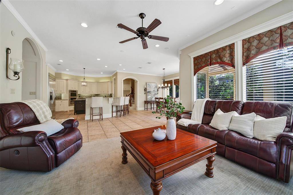 Family room looking into the kitchen and breakfast room.