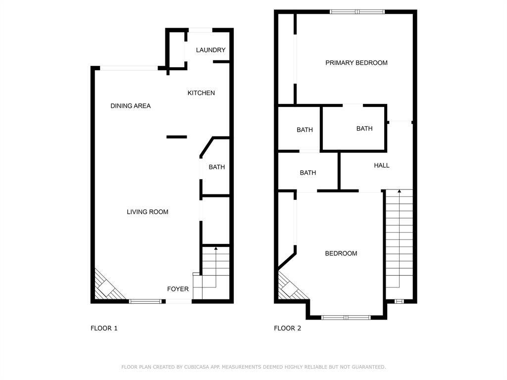 This two-level floor plan includes a welcoming foyer, living room, dining area, kitchen, laundry room, and a half bathroom on the first floor. The second floor features a primary bedroom, an additional bedroom, a hallway, and two full bathrooms, each attached to a bedroom.