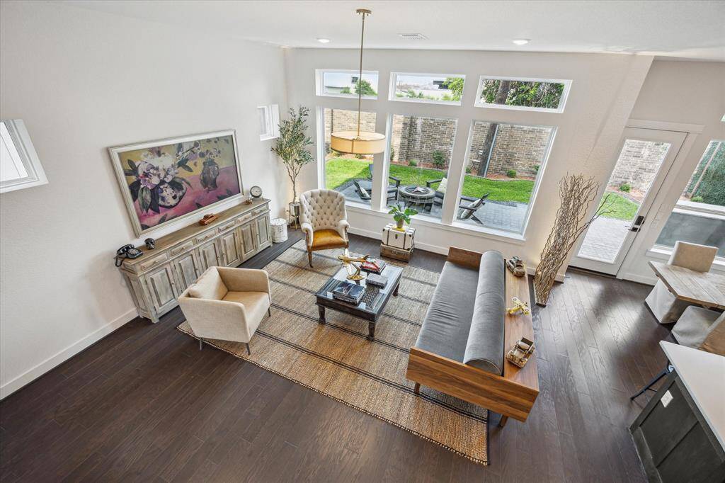 High ceilings and wall of windows really show off the living space.