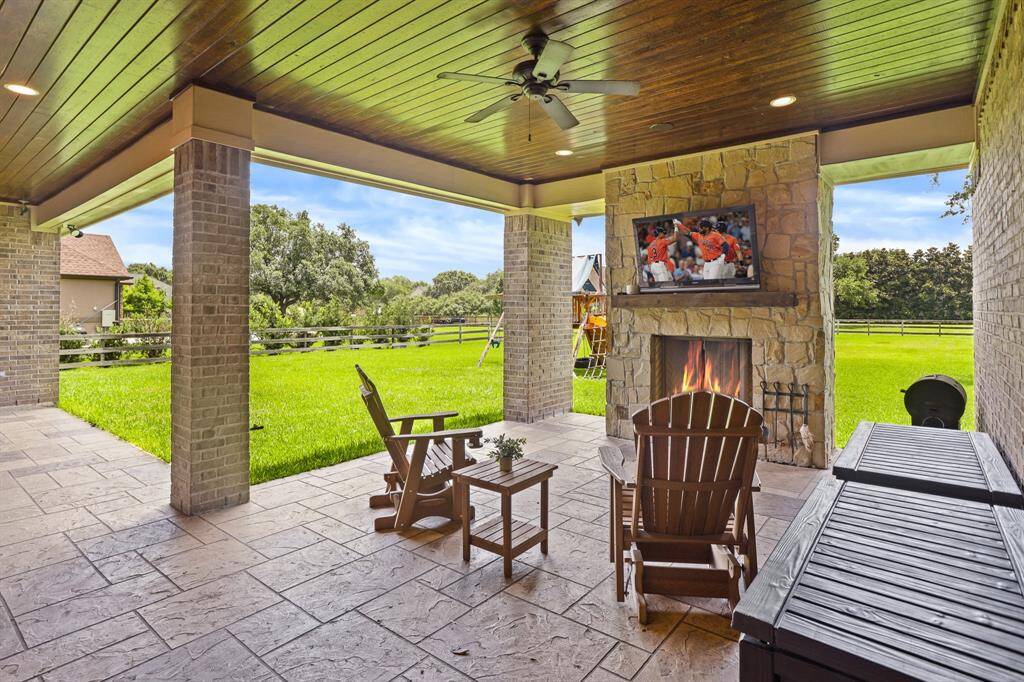 Cozy up by this floor to ceiling stone fireplace. The custom wood mantle matches the one found inside, and acts as a great place to display your TV. Add cozy couches, gliders, or a table and chairs, because this is where you will want to spend your lazy evenings.