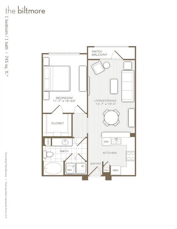 Floor plan of this 745sf (per seller) 1 bedroom/1 bath