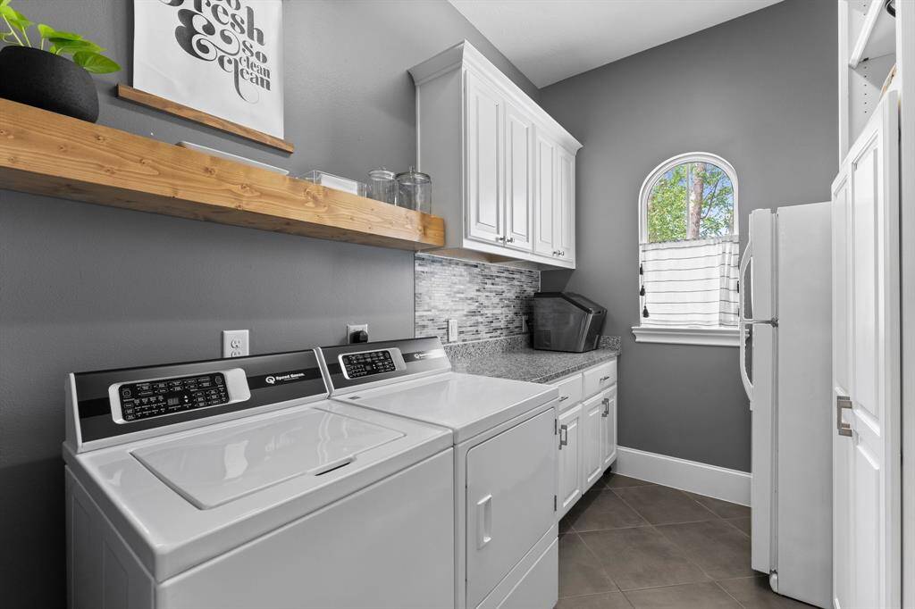 Large sized utility room with plenty of storage and fits a full sized refrigerator.