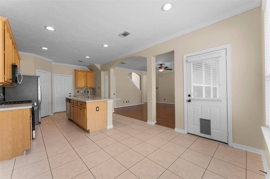 Looking into the kitchen from the breakfast area.