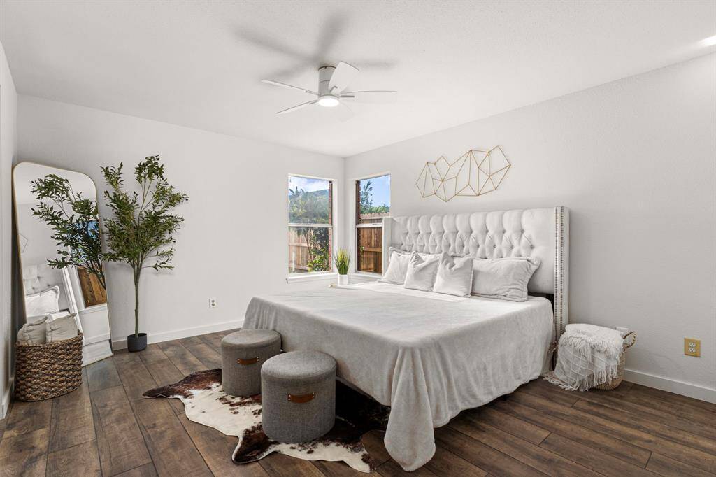 First floor primary suite with pool views