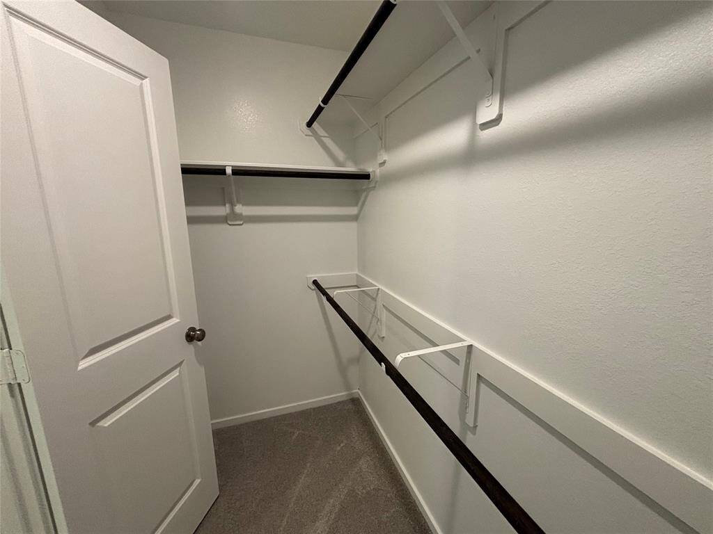 This is a spacious primary bedroom walk-in closet with neutral walls, carpeted flooring, and multiple hanging rods for ample storage.