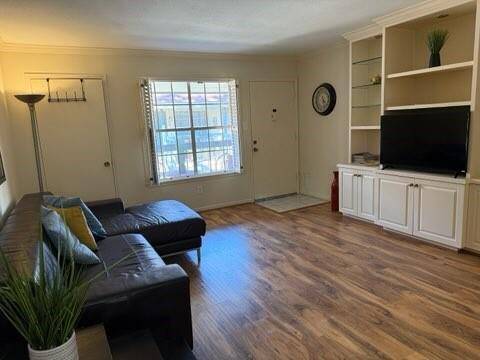 Bright and inviting living room with laminate-wood flooring, featuring a large window, built-in shelving. Perfect for relaxation and entertainment.
