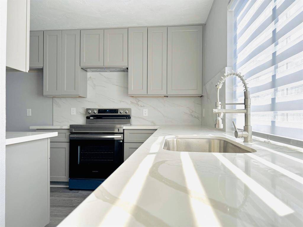 Modern kitchen with sleek cabinetry, countertops, and stainless steel appliances.