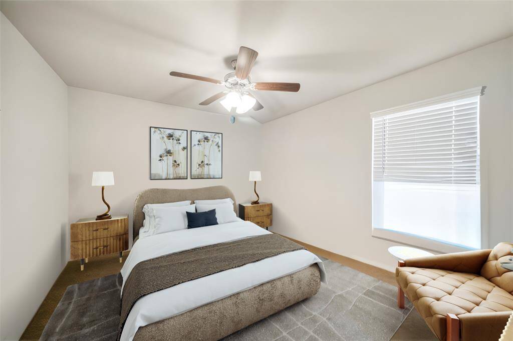 One of the roomy upstairs bedrooms.  Digitally staged