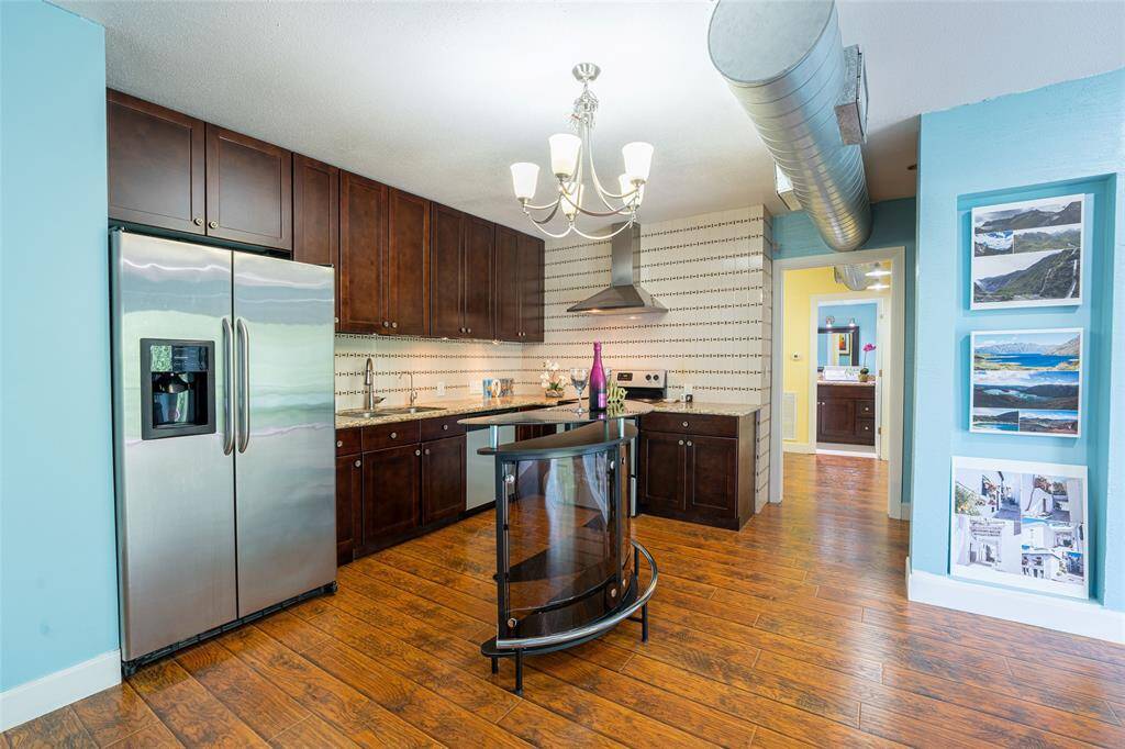 Granite countertops, upgraded cabinets and exposed duct.
